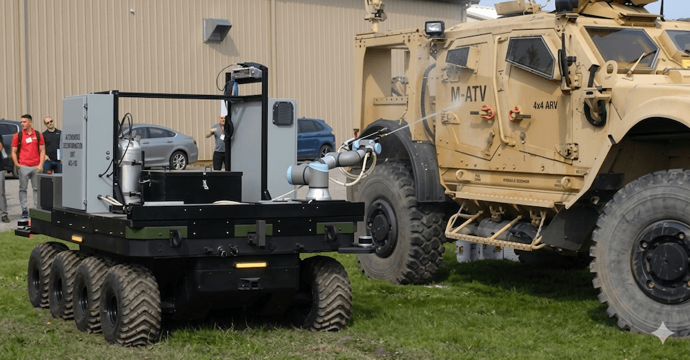 Robotic decontamination system in a military environment
